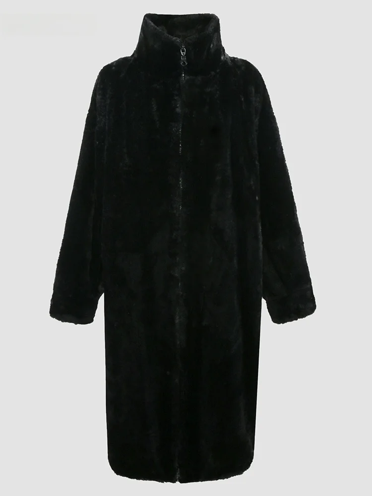 

Nerazzurri Women's Long Oversize Fur Coat Zipper Stand Collar Winter Plu Jaet Korean Sle Commute Faion Polyester Fiber