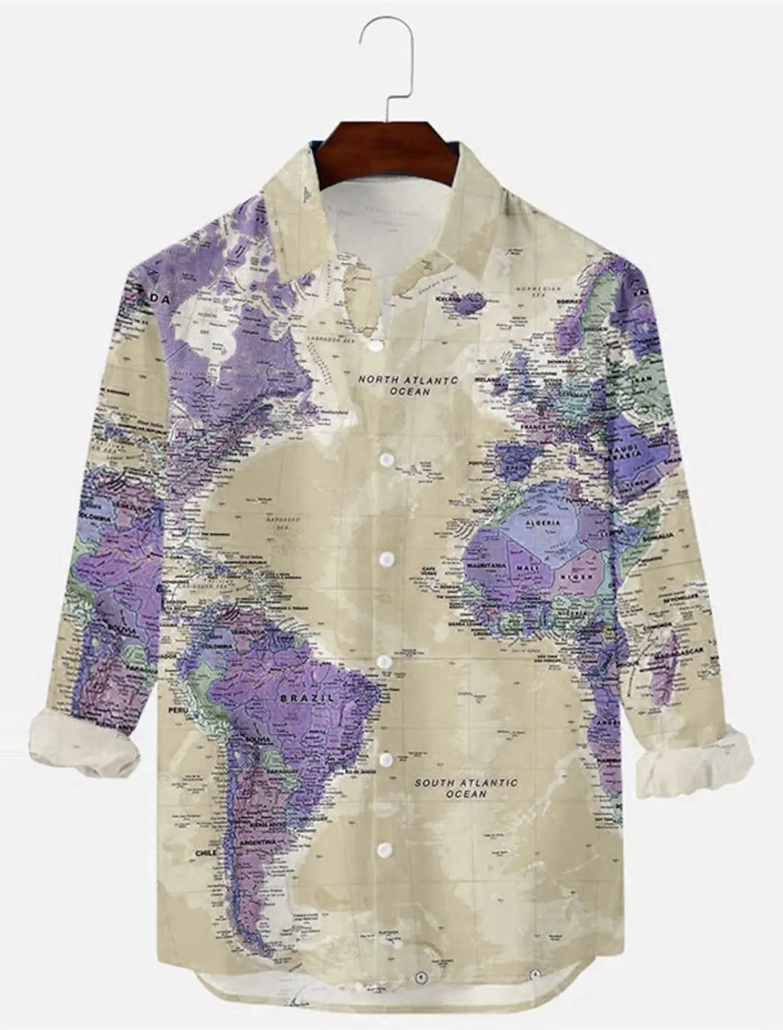 Men's Shirt Graphic Shirt Map Turndown 3D Print Outdoor Street Long Sleeve Button-Down Clothing Vintage Fashion Designer Retro