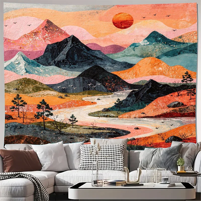 Abstract Boho Mountain Landscape Tapestry Wall Hanging Bohemian Sunset Nature Decor Art Print for Home Living Room Bedroom Rusti