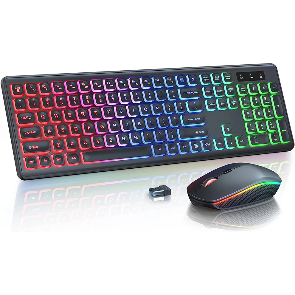 

Backlit Spanish Wireless Keyboard and Mouse Rechargeable RGB Full-Size Ergonomic Tilt Angle 2.4GHz Quiet Keyboard Mouse comb