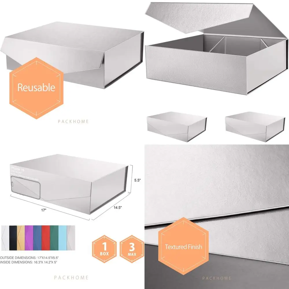 

Очень большие подарочные коробки с магнитной застежкой, 17x14,5x5,5 дюймов, глянцевое серебро с текстурой травы для одежды и больших подарков