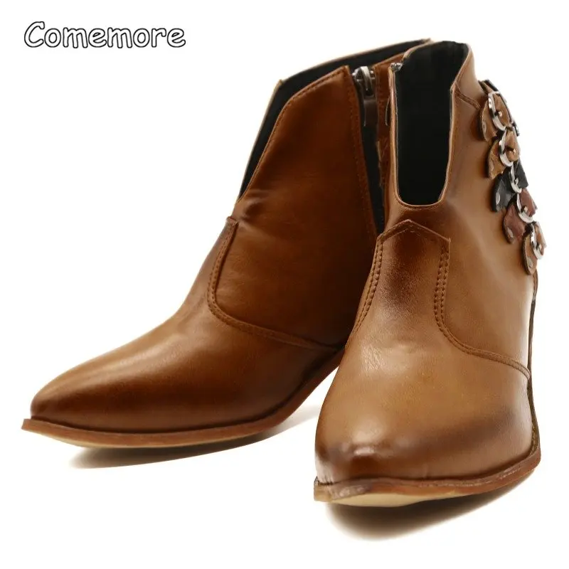 Comemore-Botas Punk de cuero para Mujer, Botines de tacón alto con hebilla, estilo vaquero occidental, otoño e invierno, 2023