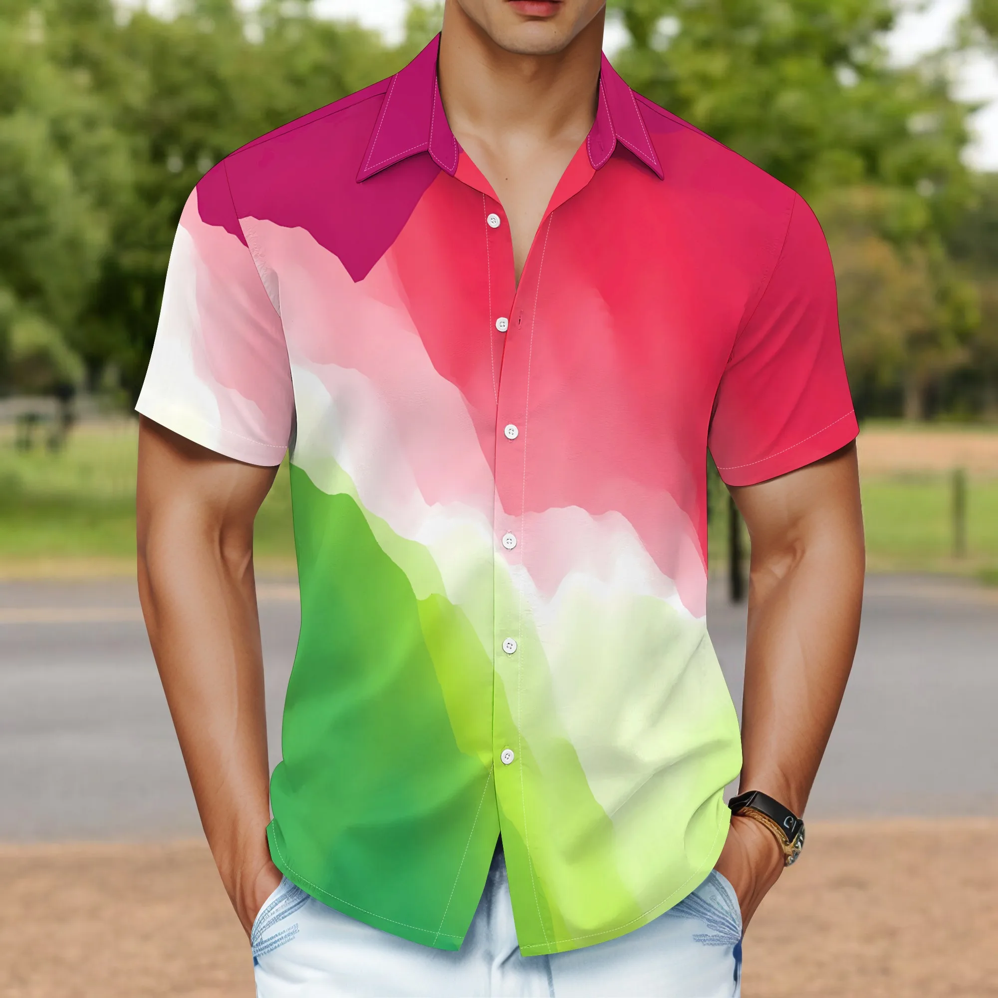 YEAE Gradient Mountain Pattern Shirt for Men Summer Casual Short Sleeve Top