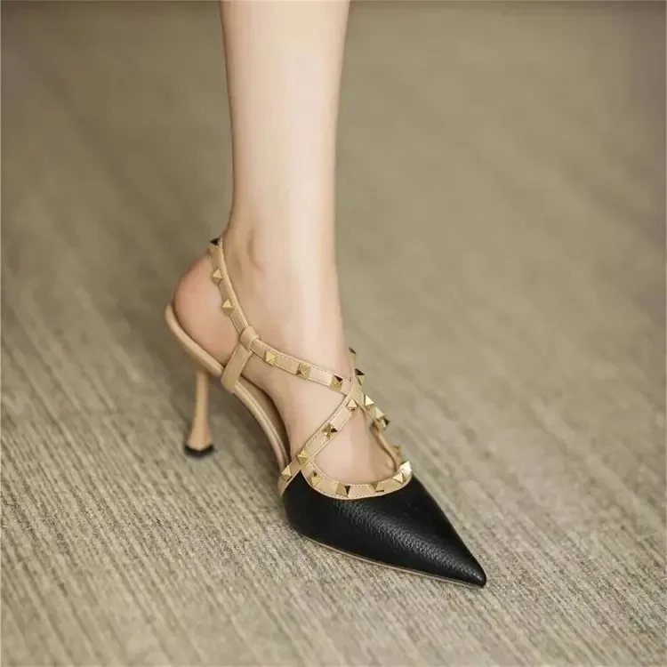 

Women Sandals Rivets Pointed Toe Slingbacks Patent Leather Mid Heels Pumps Blue Snakeskin Pattern Slip on Sandalias Mujer