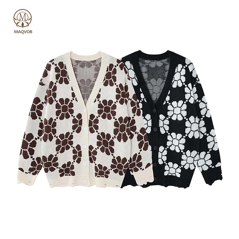 MAQVOB2026 Autumn Winter Street Floral Jacquard V-Neck Cardigan Sweater Travel Holiday Office Business Unisex Casual Sweater