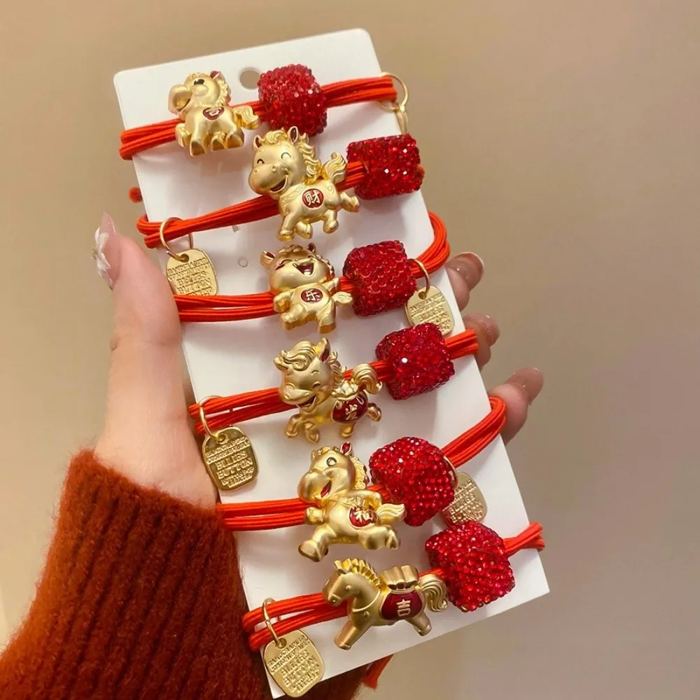 

Alloy Zodiac Horse Hair Rope Dual Purpose Rhinestone Chinese Children Hair Band Red Rope Year of The Horse