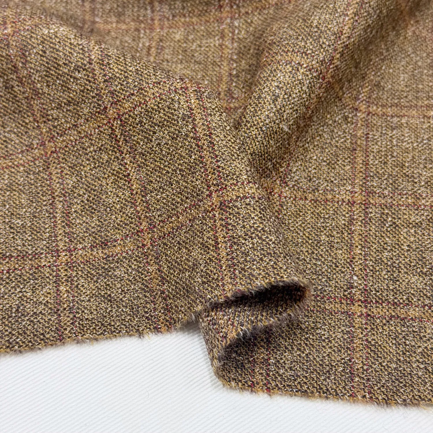 Yellow Brown Plaid Silk Wool Worsted Coarse Silk Wool Fabric Suit Jacket Wool Autumn and Winter
