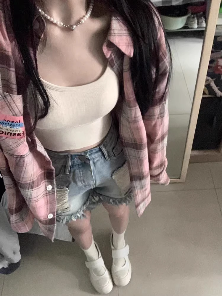 

plus Size Pink Plaid Shirt Women's Spring Autumn Loose Lazy Style Design Long Sleeve Trendy Button up Korean Version Collar