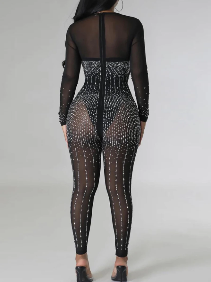 Sexy Mesh Sleeve Rhinestone Long Skinny Jumpsuit
