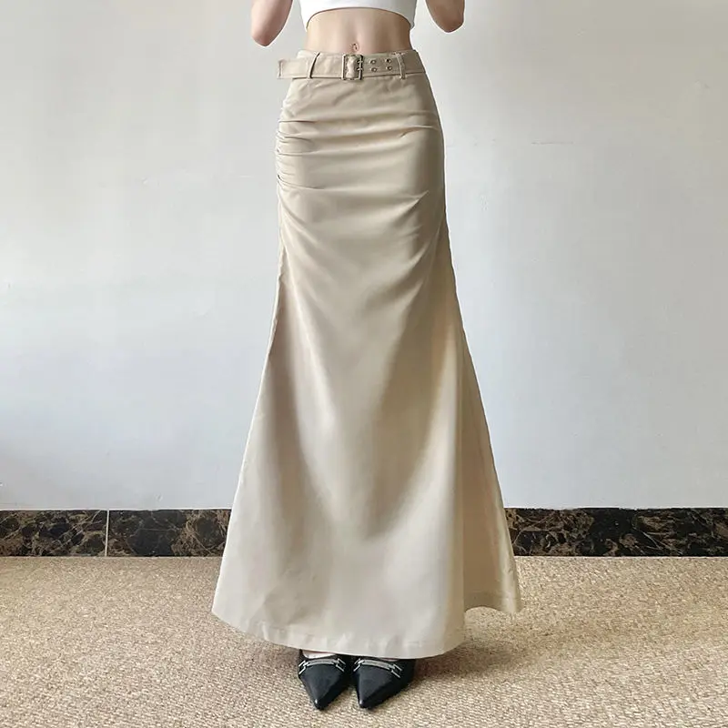 Fishtail Lange Rok Met Sjerpen Elegante Mode Solide Sexy Slanke Maxi-Rokken Met Middelhoge Taille Vrouwen 2024 Zomermode Streetwear