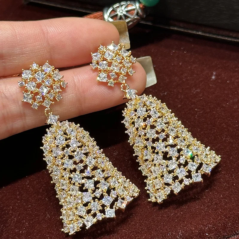 

Модные уникальные серьги, большой колокольчик, полный циркон, серебро, золото, красный, длинный кулон, серьги невесты, подарок на свадьбу