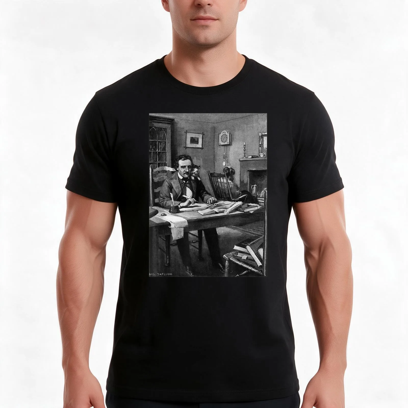 Poe Black Cat-Vintage Cat Lover Edgar Allan Poe T-Shirt, Summer Casual Cotton Tee, Oversized Streetwear Tops, Unisex Men Women