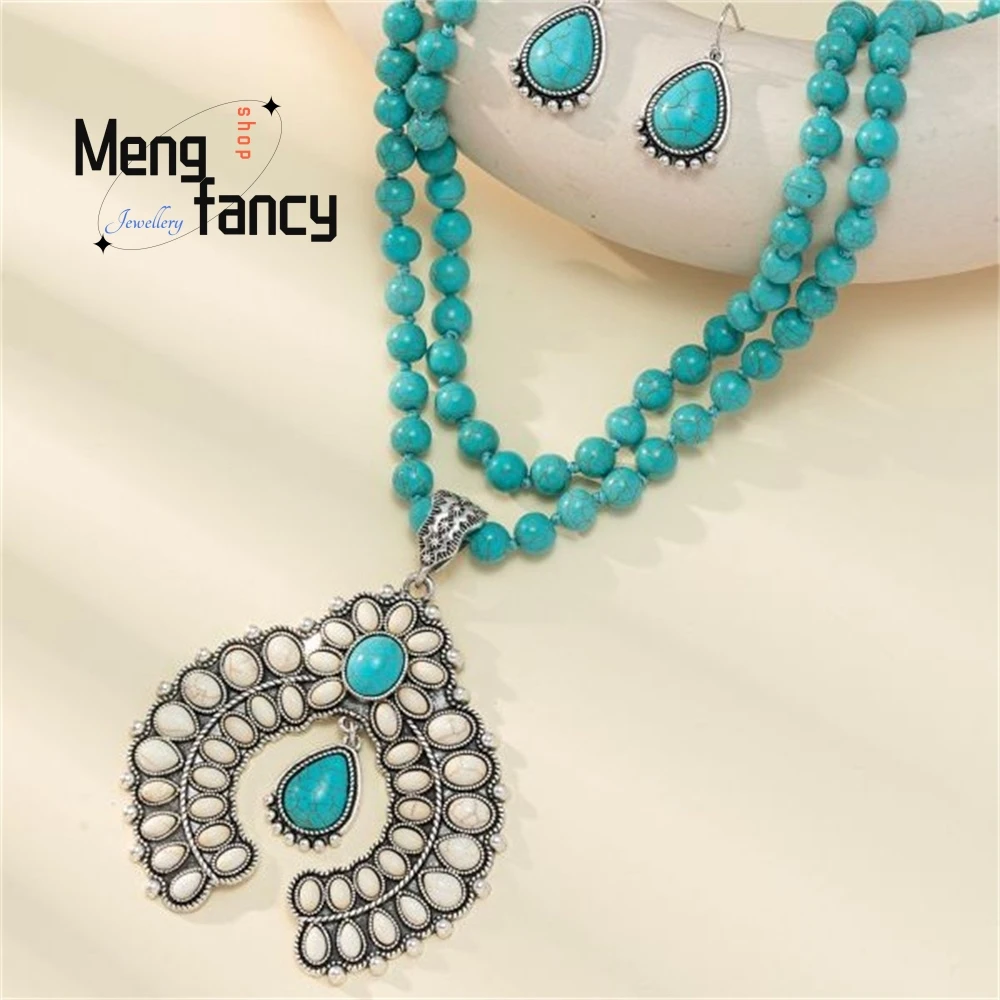 الرجعية ثلاث طبقات زهرة الأقراط، الأقراط الفيروز، النمط الغربي مبالغ فيه الفيروز سبحة صلاة قلادة، مجموعة مجوهرات