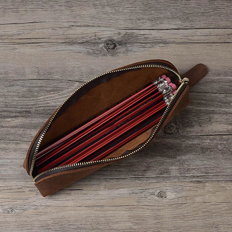 Vintage PU Leather Handmade Pencil Case Large-capacity Zipper Simple Pen Box Office School Stationery Storage Box