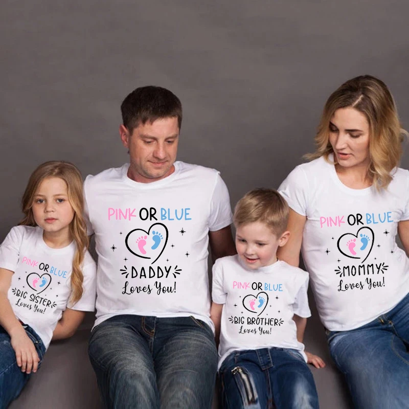 New Family Matching Outfits Pink or Blue Dad Mom Loves You T-shirts Big Brother Sister Baby Announcement Tops Family Look Shirts