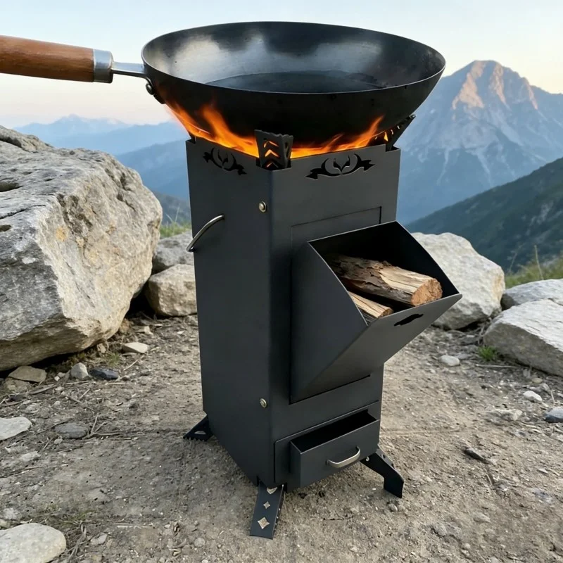 Portable carbon steel rocket light camping stove for backpacking and outdoor survival