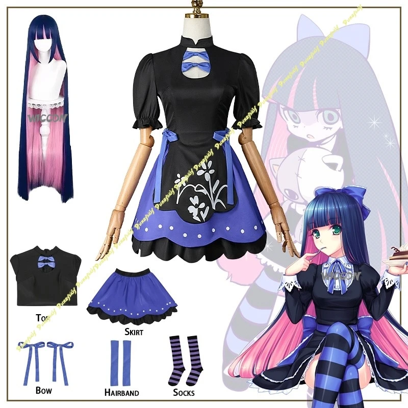 Disfraces de Cosplay Panty & Stocking con liguero Peluca para niñas Vestido Negro Azul Traje Delantal Anarchy Accesorios Navidad Halloween