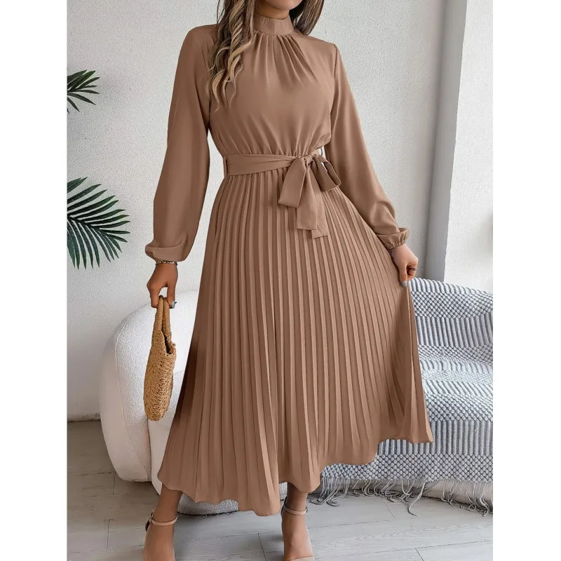 Autumn And Winter Elegant Stand Up Collar Long Sleeved Waist Cinched Pleated Long Skirt Small Dress Women's Solid Maxi Dresses