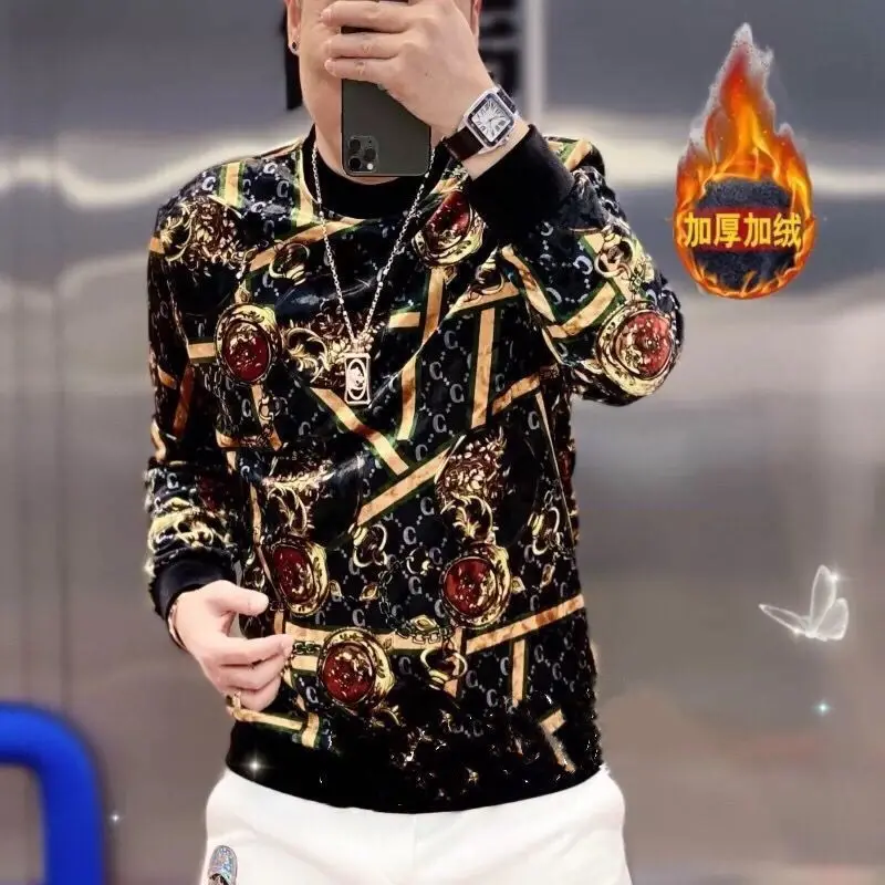 Autumn Winter New Velvet Thickened Warm Casual Bottoming Shirt Trendy Fashion Underwear Sweater Extra Large Size Men's Clothing