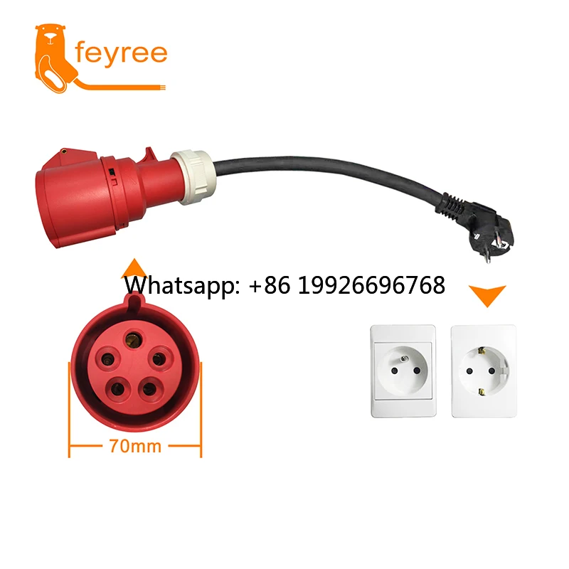 

Адаптер Feyree 22 кВт, 3-фазный, 32 А (розетка) на однофазный, 16 А (евророзетка), 3,5 кВт, для зарядки электромобилей