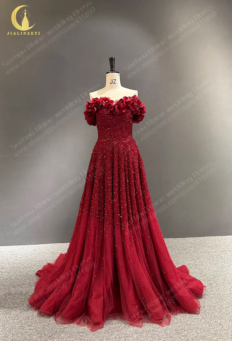 3658 Real Wine Red Off the Shoulder Beaded Satin Flowers A-line vestidos para mujer robe de soirée فساتين السهرة Evening dresses