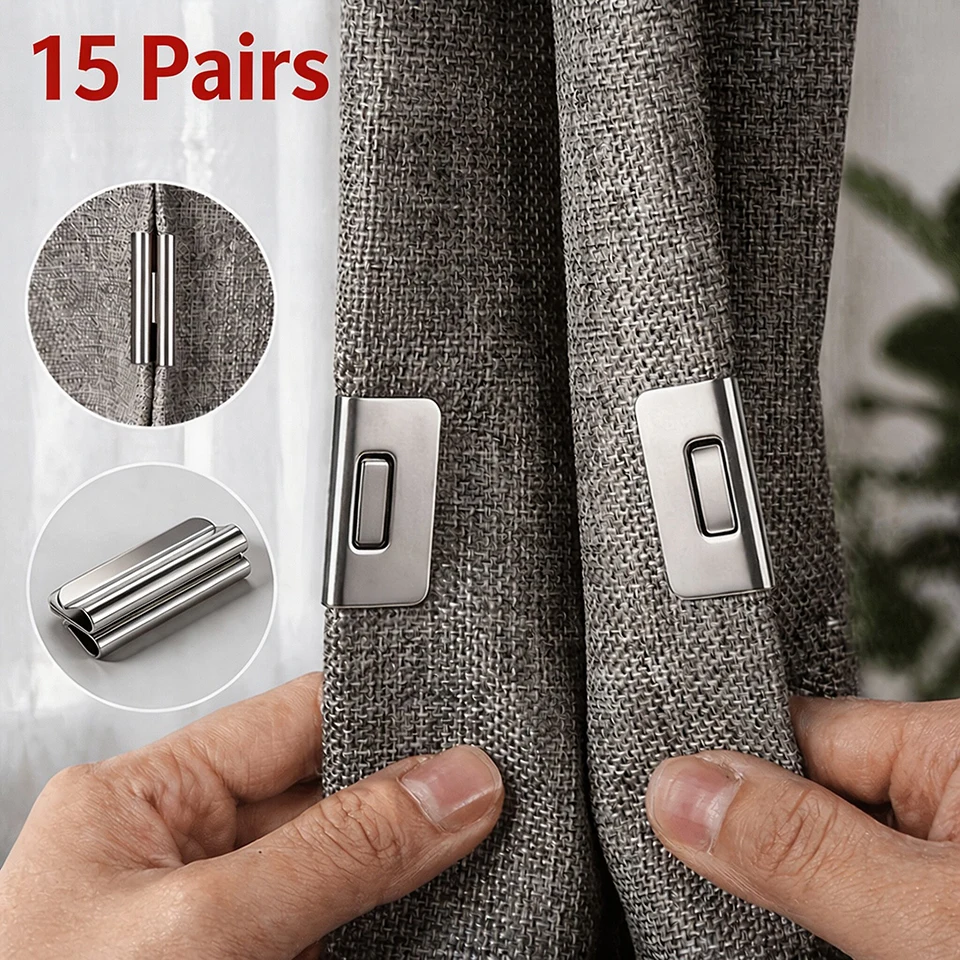15 Pairs Magnetic Curtain Clips Detachable Strong Drapery Weights No-Sew Curtain Closure Buttons for Room Darkening