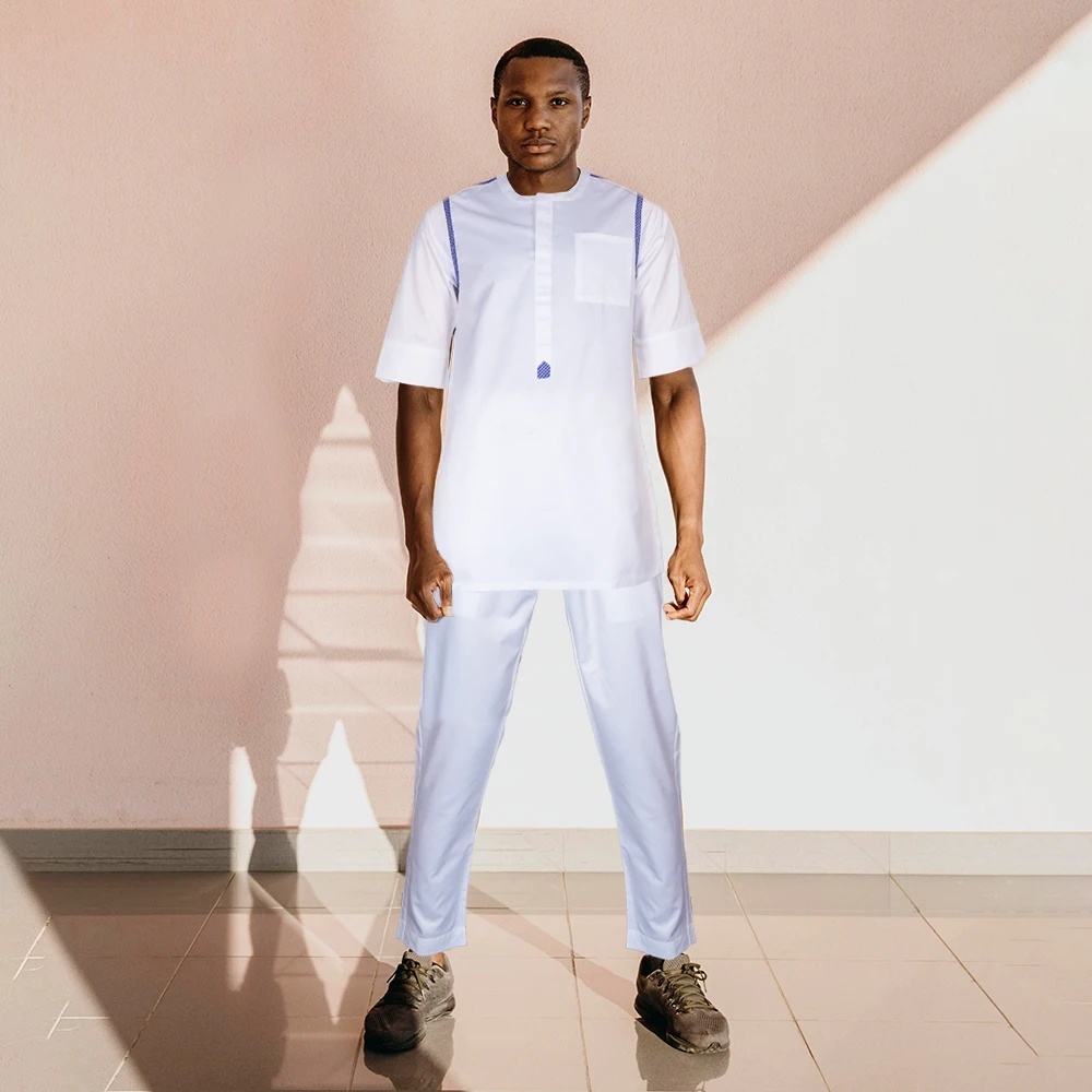 

H&D African Clothes for Men 2 Pieces Set White Embroidered Tops and Pants Traditional Clothing Rich Bazin Original Wedding Party