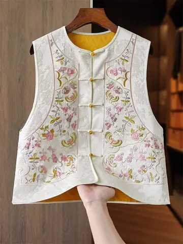 자수 조끼 여성용 라운드넥 중국풍 조끼 블라우스 자수 배색 겹치기 라운드넥 여성용 조끼 베스트 조끼 Best5