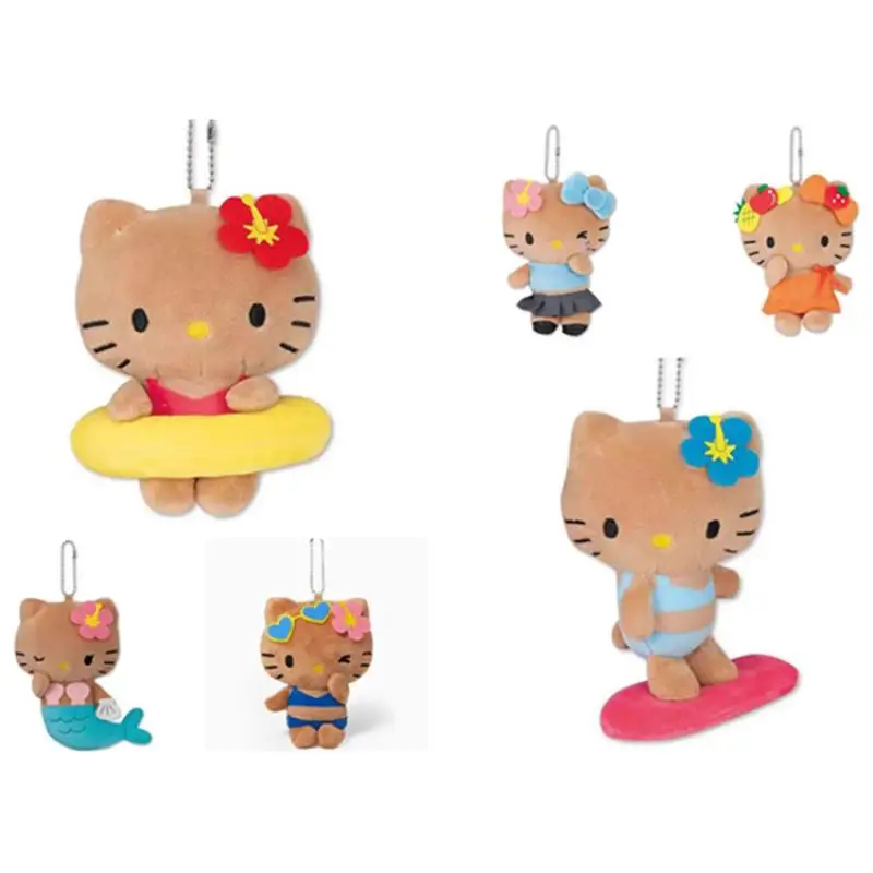 10cm 귀여운 만화 Kawaii Sanrio 하와이 해변 Hellokitty 봉제 인형 키 체인 가방 펜던트 장난감 선물