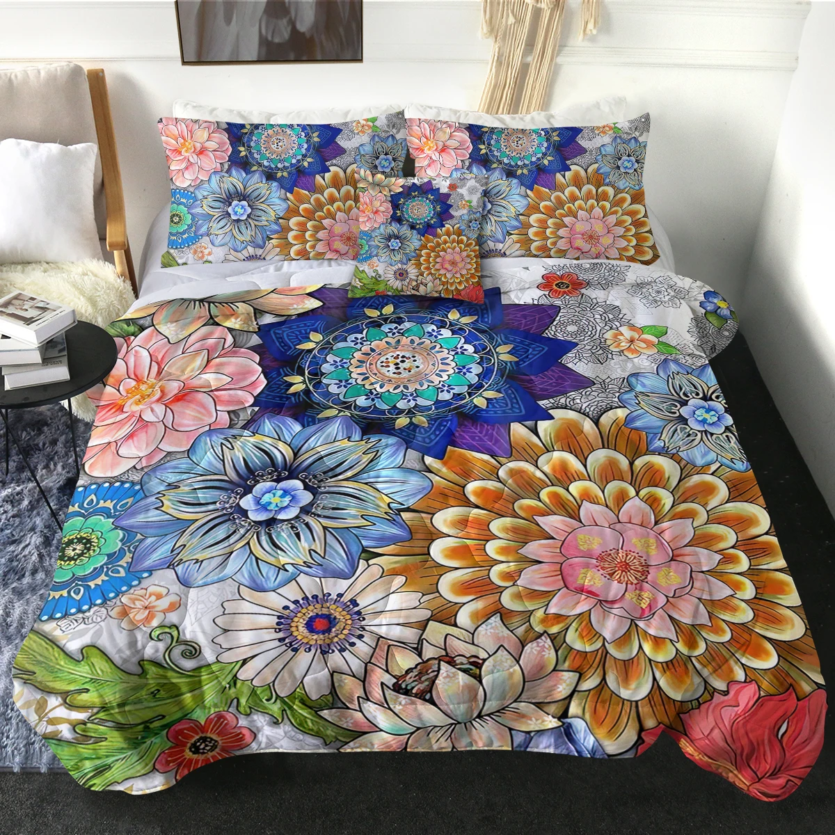 

Flowers in Full Bloom Design Comforter Set Colourful Flowers Printed Quilt Set Modern Bedspread Home Decor