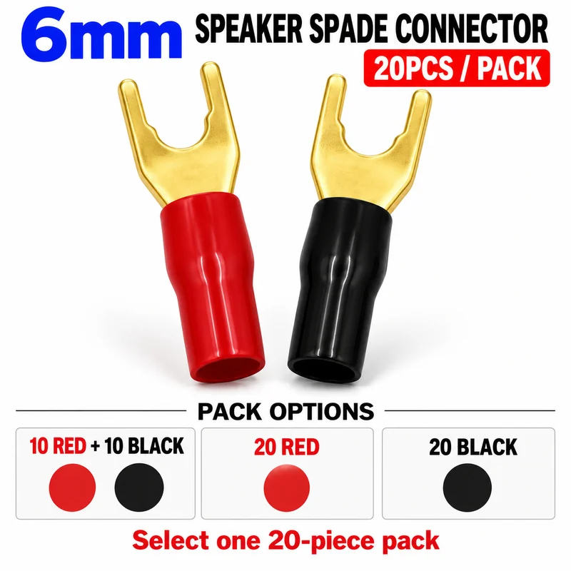 20PCS 6mm U Fork Speaker Connectors Gold Plated Copper Spade Terminals Red Black Insulated Sleeves for Amplifier Audio Wiring