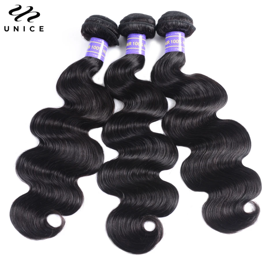 Unice Hair Natural Black Body Wave Bundles 1/3/4 PCS Deal 100% Human Hair Bundles Sew In Bundles Quick Weaves