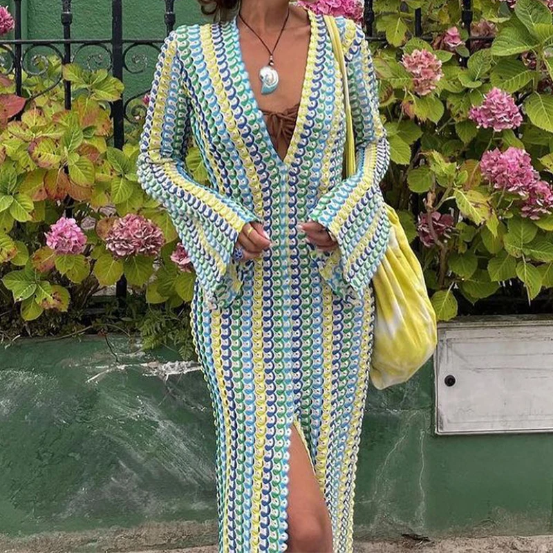 

Crochet Colorful Stripe Maxi Dress Women Flare Sleeve V-neck High Split Sexy Long Dresses 2024 New Autumn Beach Banquet Vestidos