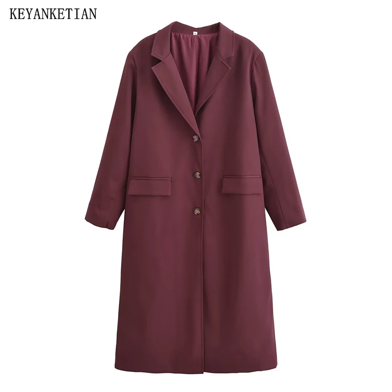 KEYANKETIAN 2024 Autumn/Winter New Women's Long Suit Coat Office Lady Flap Pockets Single Breasted Straight Trench Outerwear Top