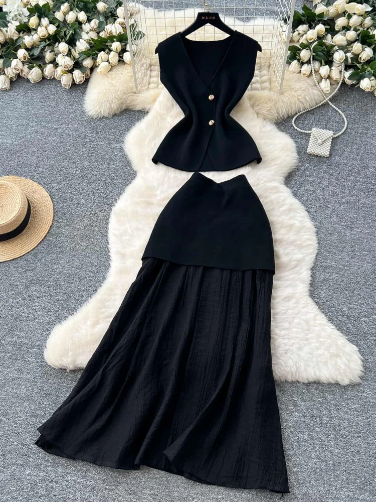 Sommer Frauen Ärmelloses Strick Top Hohe Taille Spleißen Hüfte Umarmt Rock Set Temperament High-end-Zwei-stück Set