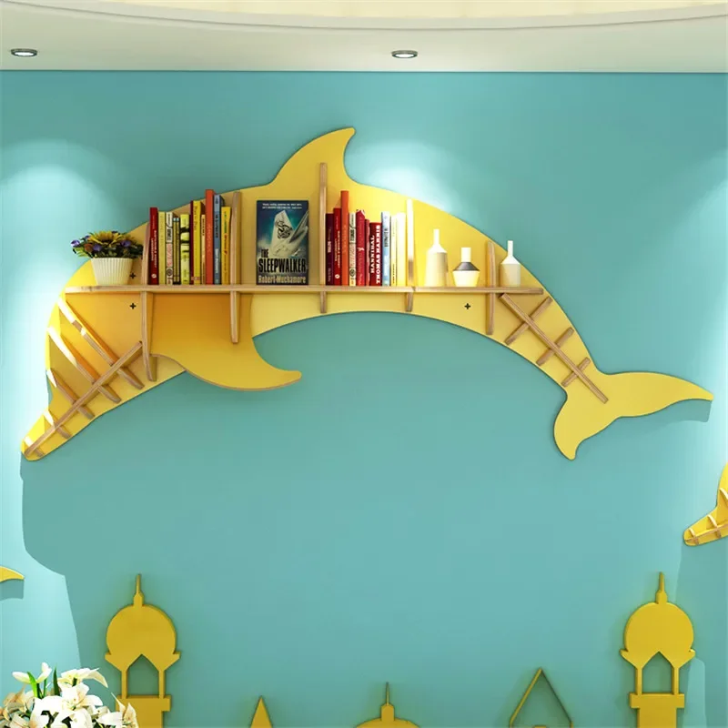 Creative Modern Wood Wall-Mounted Rack, Dolphin Shape Storage, Background Decoration Bookshelf, Book Shelf, Furniture Bookcase