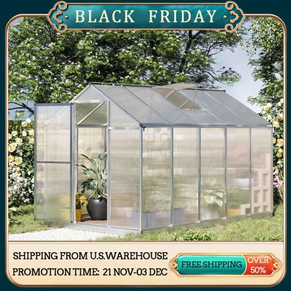 

10x6 FT Outdoor Greenhouse, Polycarbonate Green House with Rain Gutter and Roof Vent, Aluminum Walk-in Green Houses for Garden