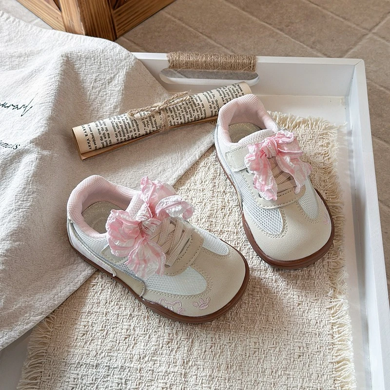 

Girls Mesh Sneakers with Big Ruffle Bow Sweet Princess Casual Shoes Soft Sole Non-Slip Kindergarten Footwear Pink Blue