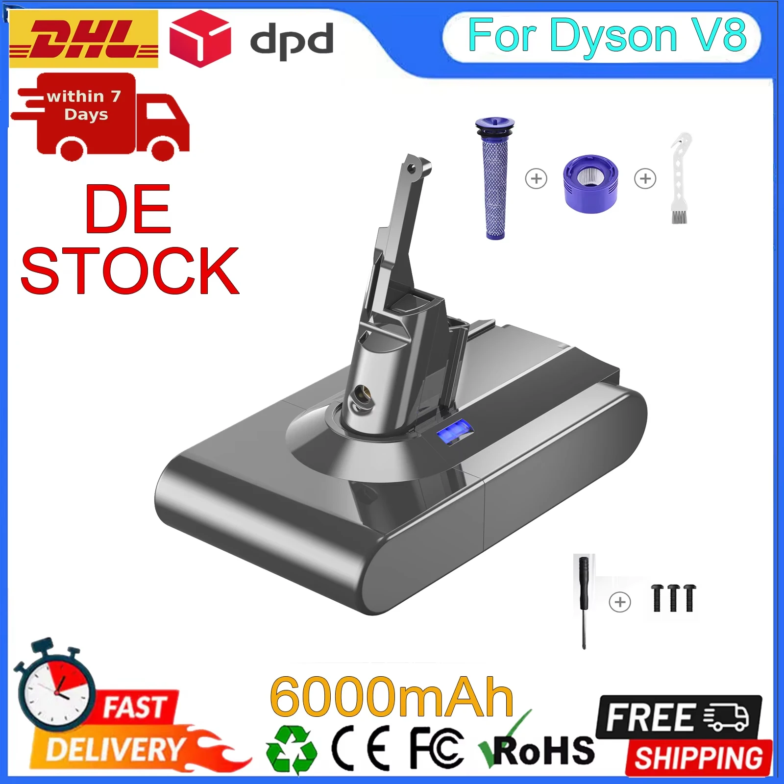 Batterie Lithium-ion de Remplacement pour Dyson V8 Absolute V8 Fluffy Vacuum Books, 6000mAh, 21700 Cellules