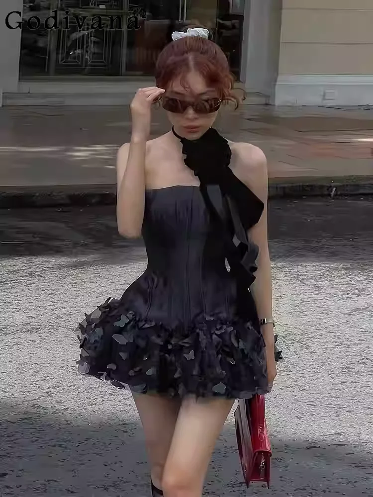 

French Black Lace Butterfly Dark Princess Strapless Dress Fashion Women High Waist A-line Age Reduction Party Short Dresses