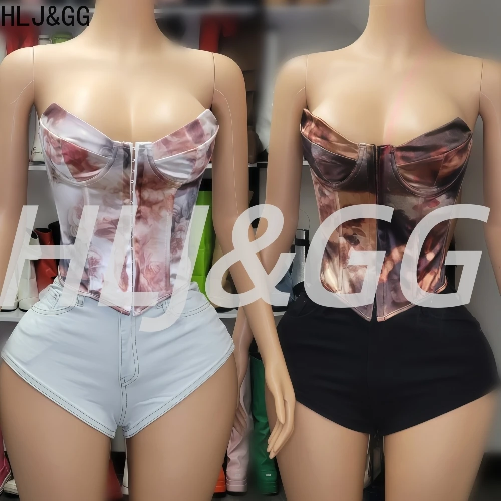 HLJ&GG Sexy Retro Printing Bandage Corset Two Piece Set Women Off Shoulder Sleeveless Backless Slim Top And Denim Shorts Outfits
