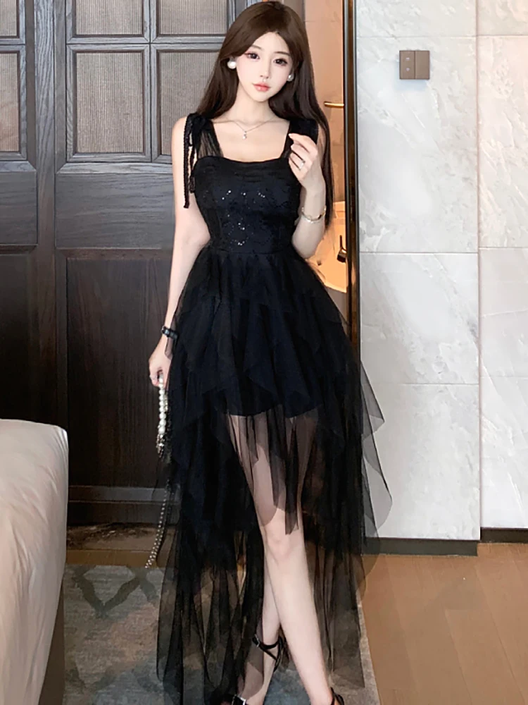 

2025 Black Patchwork Ruffled Ruffled Long Dress Women Vintage Elegant Sling Sexy Long Dress Summer Korean Bodycon Evening Dress