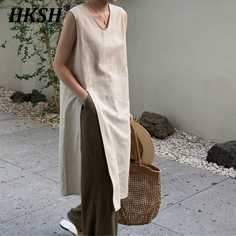 

HKSH Summer New Women Tide Chic Ins Trendy High Street Fashion Elegant Temperament Sleeveless V-neck Split Long Tank Tops HK6159