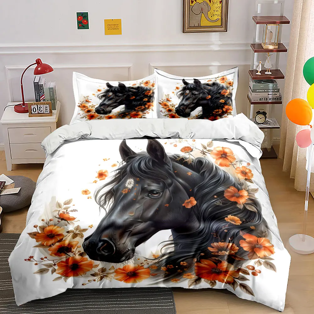 Elegant black horse with orange floral wreath Duvet Cover Set with 3D Printing Design Soft Polyester Bedding Set All-Season