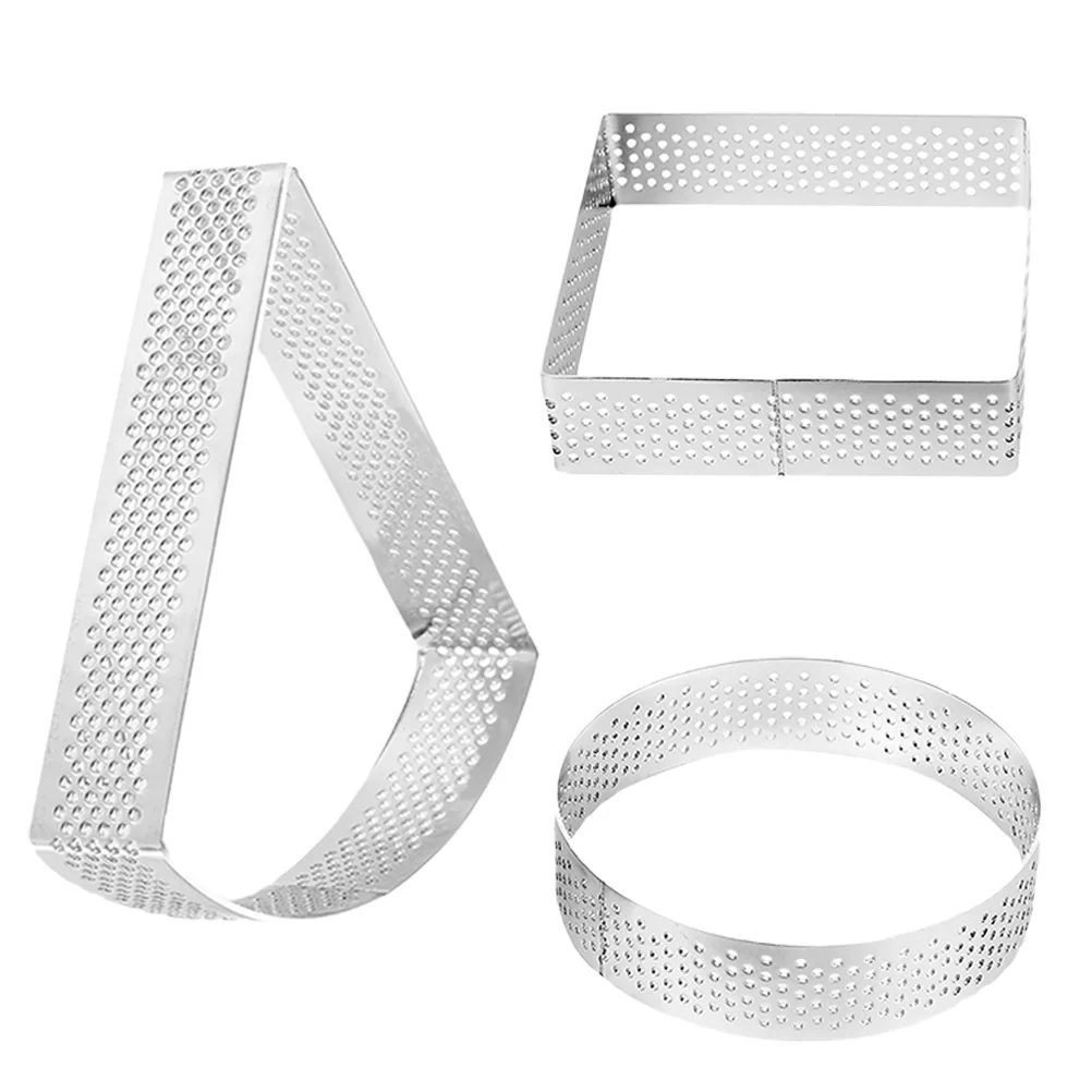 

3 Pcs Stainless Steel Cake Mold Square Triangle Round Baking Dessert Mousse DIY Hardness Non Deform Perforated Air Permeability
