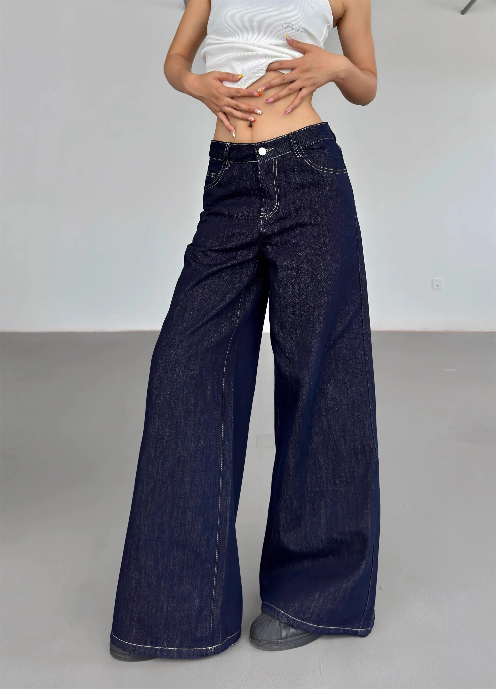 

2024 Blue Women Jeans High Waist Vintage Straight Baggy Denim Pants Streetwear Y2K American Style Fashion Wide Leg Denim Trouser