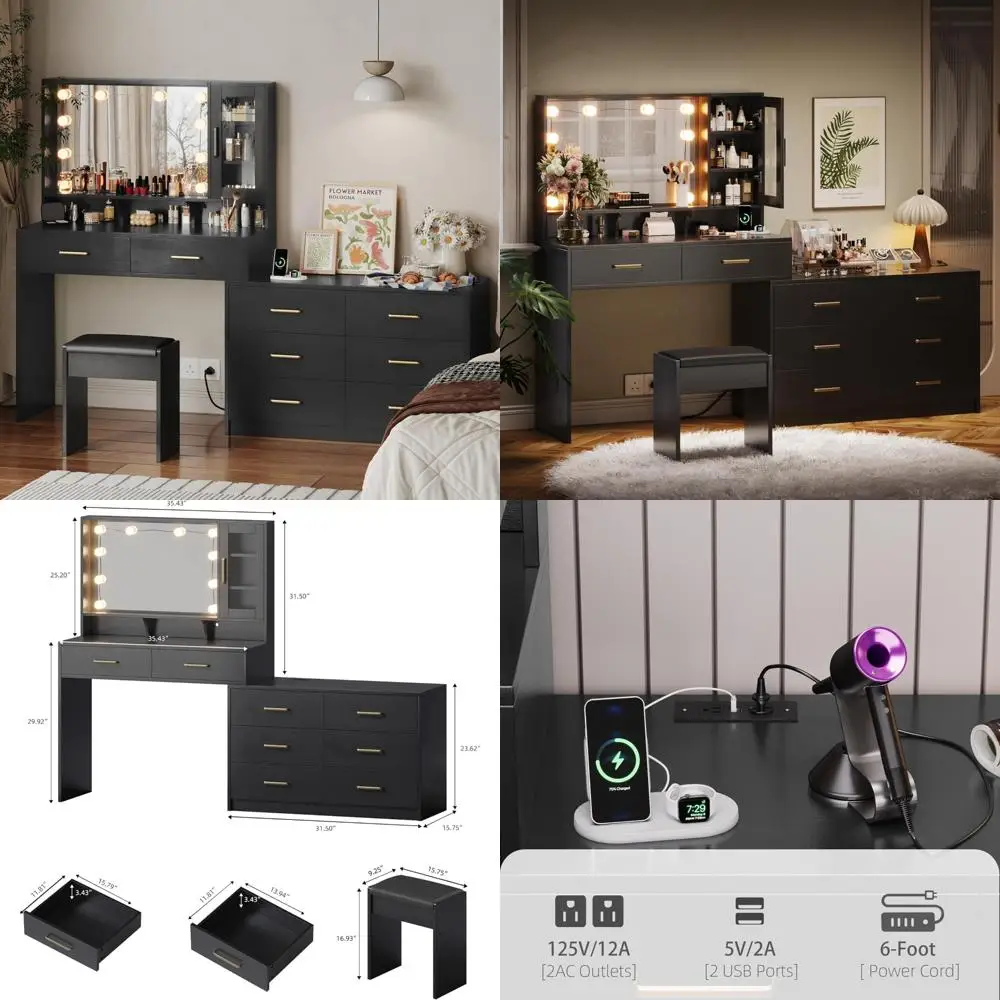 Large 8-Drawer Black Makeup Desk with Vanity Table and Storage Cabinet for Beauty Essentials