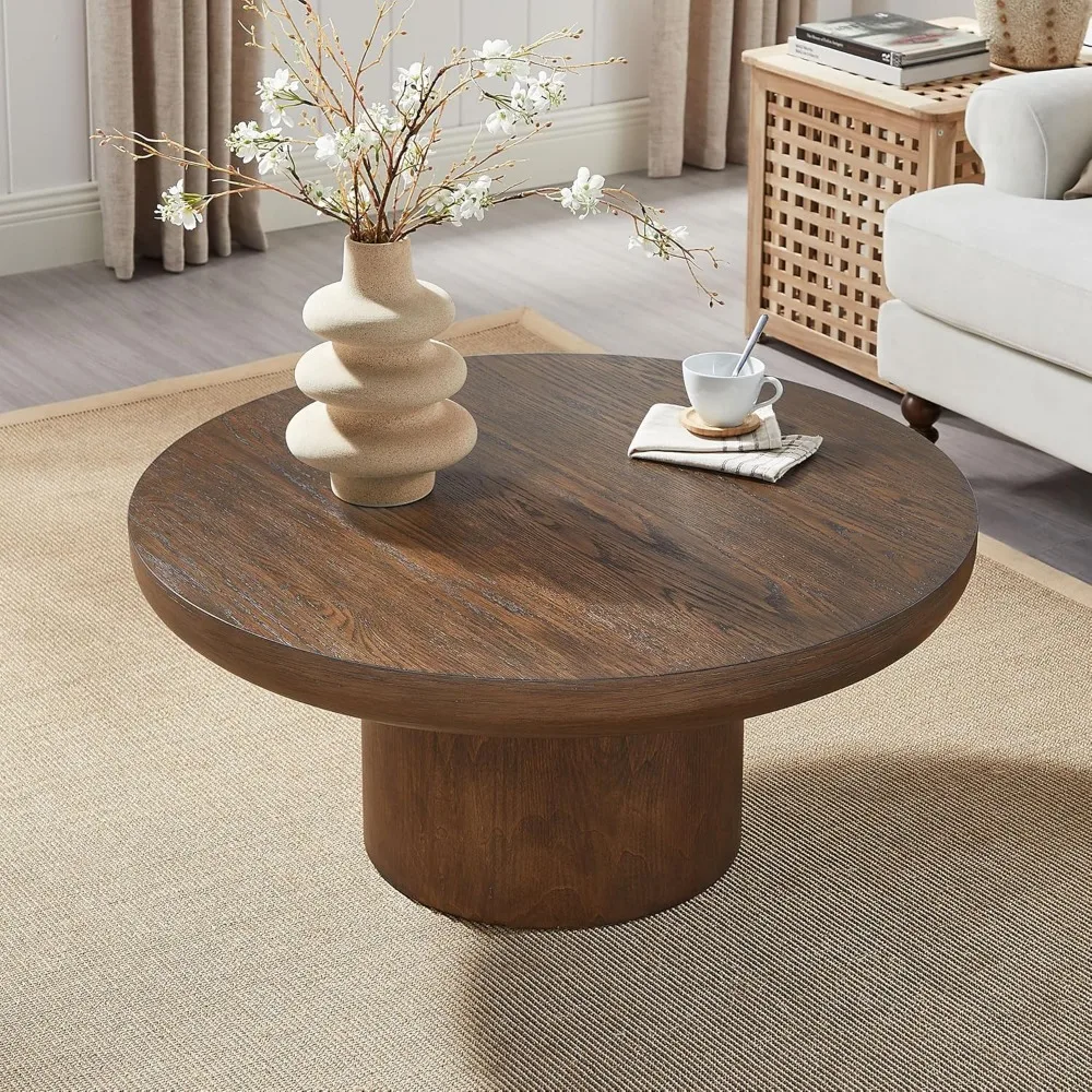 Rustic 35.98 Round Coffee Table, Ideal for Living Rooms, Suitable for Apartments, Easy to Assemble, Dark Brown, 36 Diameter