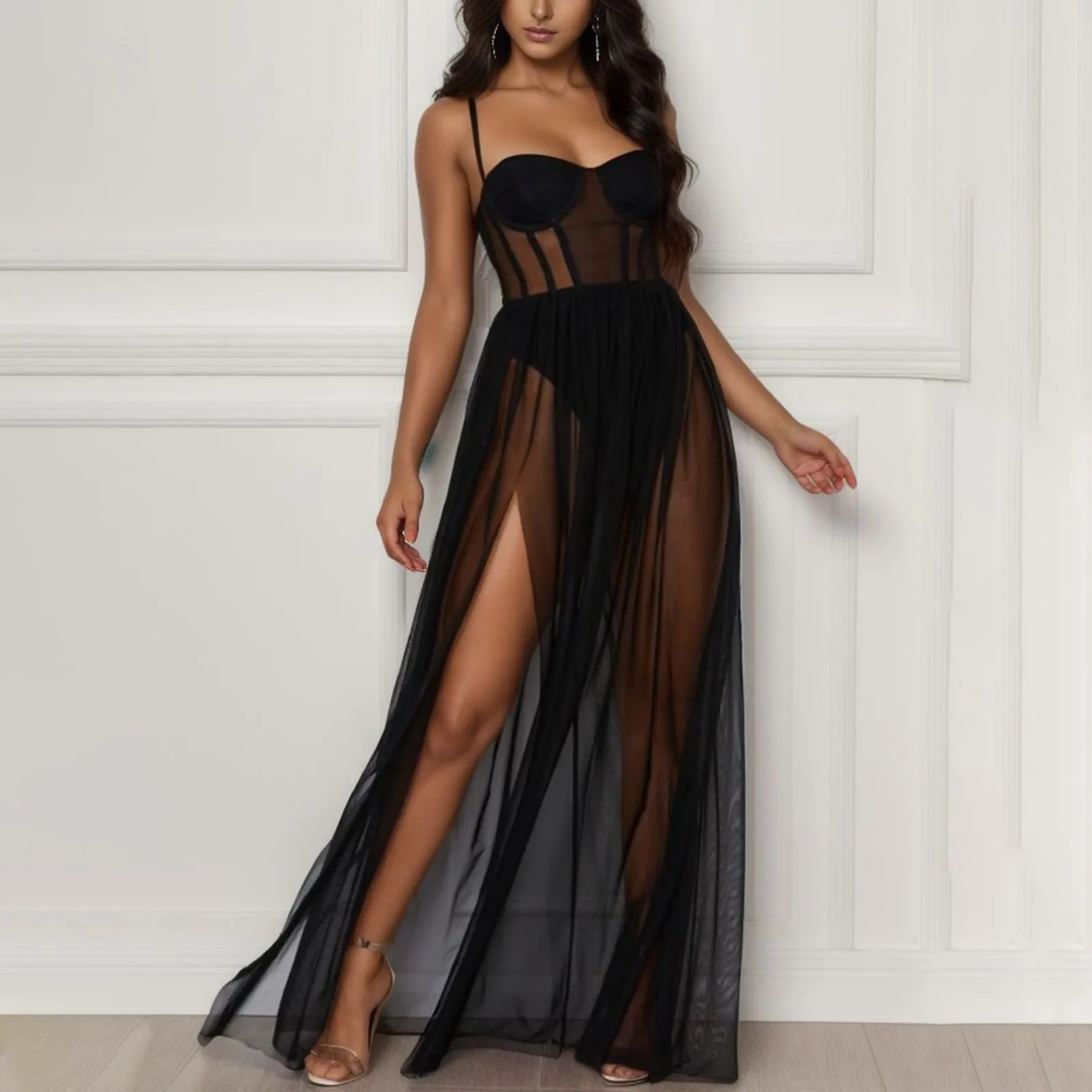 

Women's Long Skirt Sexy Elegant Low Neckline Suspender Fishbone Mesh Transparent Dress With Chest Pad Solid Color Backless Dress