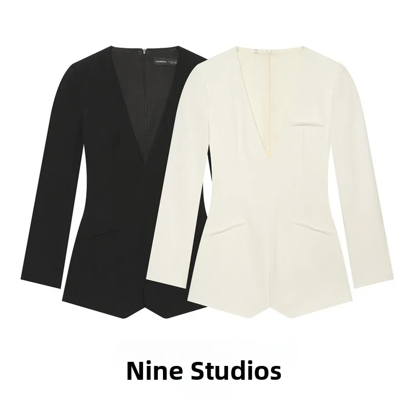 NINE ZAR Women's Slim Fit Short Sleeve V-Neck Padded Shoulder Design Long Sleeve Jumpsuit High Waist Straight Leg